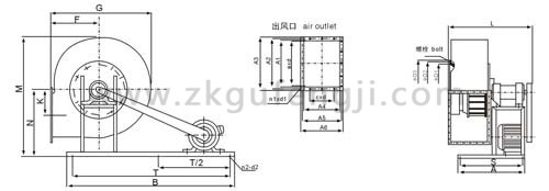 該風(fēng)機重要由葉輪、進風(fēng)口、機殼、傳動部分與C4-73系列排塵離心風(fēng)機安裝尺寸圖